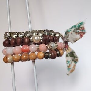 Floral Beaded Bracelet Set - Pink, Brown, and Cream